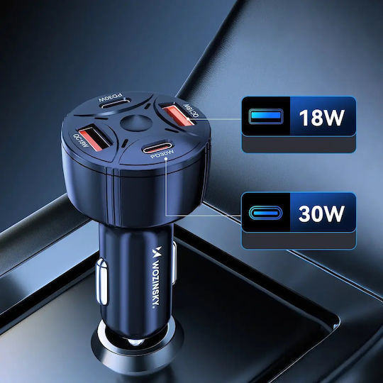 Wozinsky Φορτιστής Αυτοκινήτου 60W 2.5A με Θύρες: 2xUSB 2xType-C Μαύρο Χρώμα