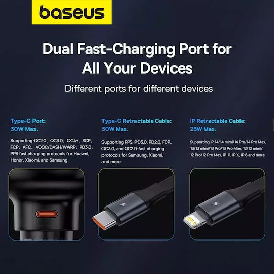 Baseus Pro Cell Phone Car Charger 55W 7A Fast Charging With One Port 1xType-C With Lightning Cable Black Colour