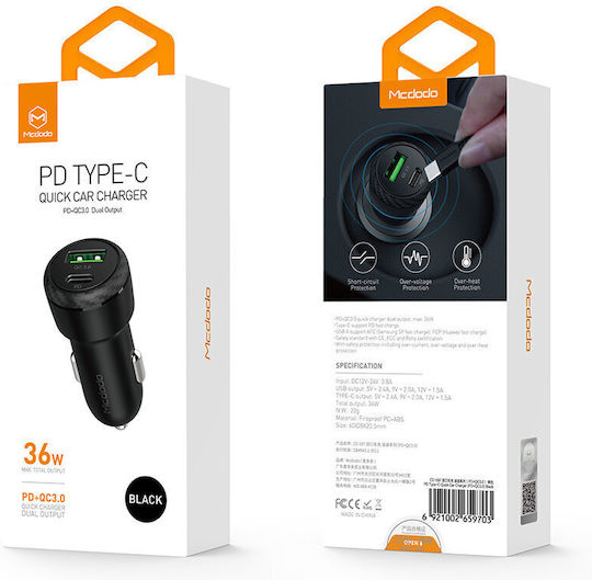 Mcdodo Mcdodo Handy-Autoladegerät 38W mit Anschlüssen: 1xUSB 1xType-C Schwarz Farbe