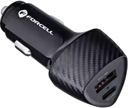 Forcell CC50-1A1C Auto-Ladegerät 18W 5A Schnellladen mit Anschlüssen: 1xUSB 1xType-C Schwarz Farbe