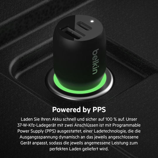 Belkin Φορτιστής Αυτοκινήτου 37W με Θύρες: 1xUSB 1xType-C Μαύρος