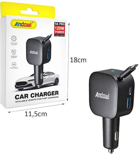 Andowl Car Charger 120W 9A Fast Charging with Ports 1xUSB 1xType-C