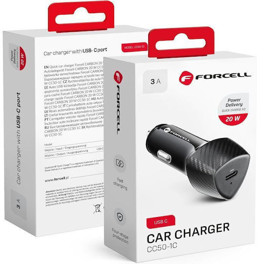 Forcell Автомобилен Зарядно Устройство 20W с Един Порт 1xType-C Черен Цвят