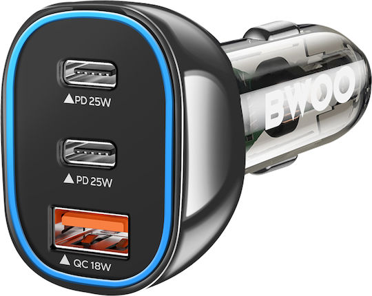 BWOO Încărcător Auto 68W Încărcare Rapidă cu Porturi: 1xUSB 2xType-C Negru Culoare
