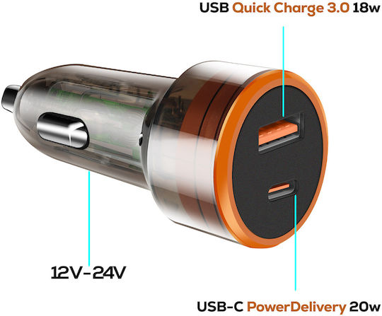 BWOO Φορτιστής Αυτοκινήτου 20W με Θύρες: 1xUSB 1xType-C