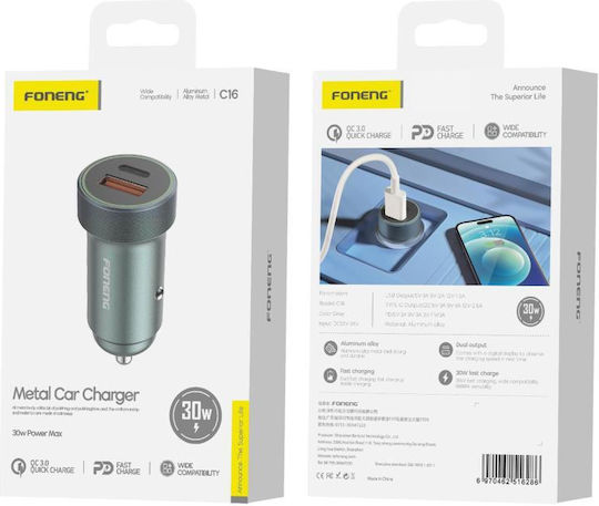 Foneng Auto-Ladegerät 18W 3A Schnellladen mit Anschlüssen: 1xUSB 1xType-C Schwarz Farbe