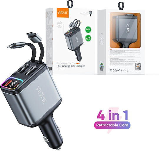 Vidvie Car Charger 27W Fast Charging with Ports 1xUSB-A 1xType-C including Type-C / Lightning Cable Black Color