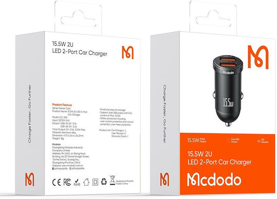 Mcdodo Cc-2950 Car Charger 15.5W 1A with Ports: 2xUSB Black Color