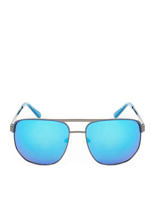 Guess Men's Sunglasses with Grey Metallic Frame and Blue Gradient Mirror Lens