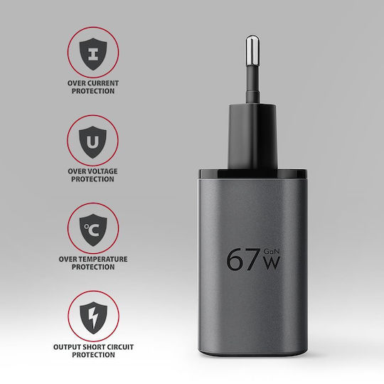 Axagon Wireless Charger GaN With USB-A Output Port And USB-C Output Port 67W Power Delivery Quick Charge 3.0 Quick Charge 4+ Quick Charge 2.0 SuperCharge Gray ACU-PQ67