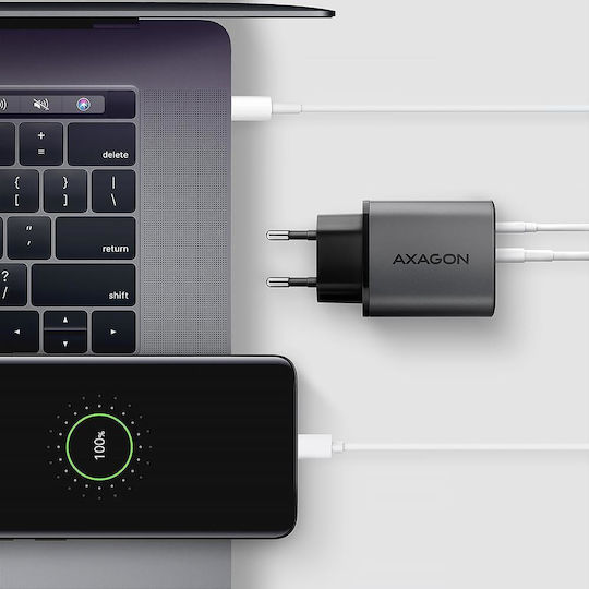 Axagon Wireless Charger GaN With USB-A Output Port And USB-C Output Port 67W Power Delivery Quick Charge 3.0 Quick Charge 4+ Quick Charge 2.0 SuperCharge Gray ACU-PQ67