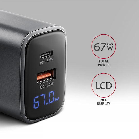Axagon Φορτιστής Χωρίς Καλώδιο με Θύρα USB-A και Θύρα USB-C 67W Power Delivery / Quick Charge 3.0 / Quick Charge 4+ / Quick Charge 2.0 / SuperCharge Μαύρος (ACU-PQ67D)