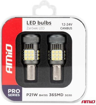 AMiO Lămpi Auto P21W / R10W / R5W / BA15S Canbus LED 6000K Alb Rece 12-24V / 12V / 24V 2 Bucăți