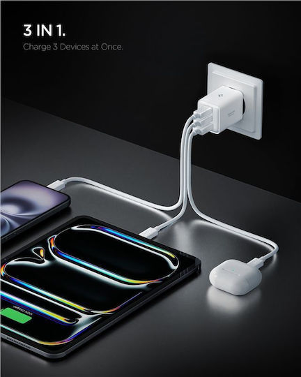 Spigen Ladegerät ohne Kabel mit USB-A Anschluss und 2 USB-C Anschlüsse 47W Stromlieferung Weißs (Essential)