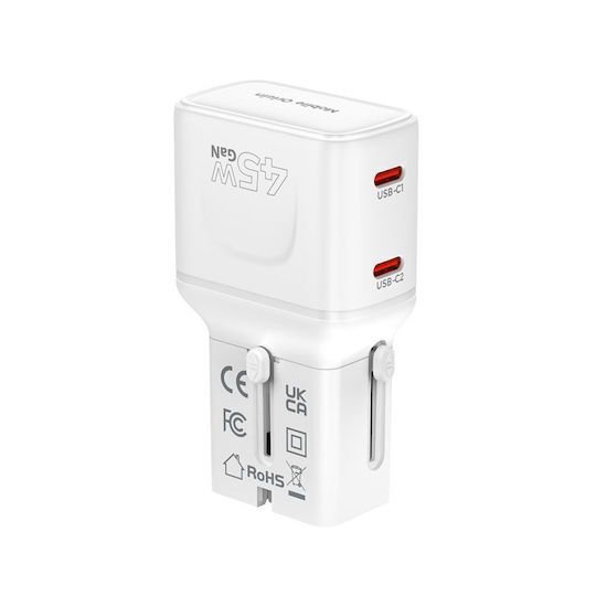 Mobile Origin Charger Without Cable GaN with 2 USB-C Ports 45W Power Delivery Whites (PW26)