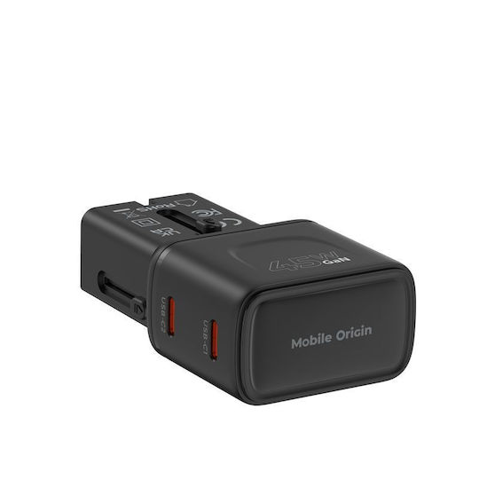 Mobile Origin Φορτιστής Χωρίς Καλώδιο GaN με 2 Θύρες USB-C 45W Power Delivery Μαύρος (PW26)