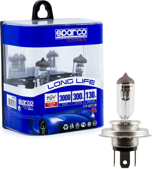 Sparco Lămpi Autoturismului Long Life 130% H4 Halogen 3000K Alb cald 12V 55W 2buc