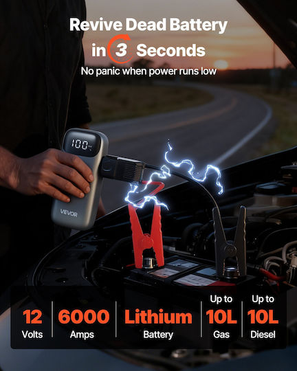 Vevor Portable Car & Motorcycle Battery Starter 6000A with Power Bank USB Flashlight 12V