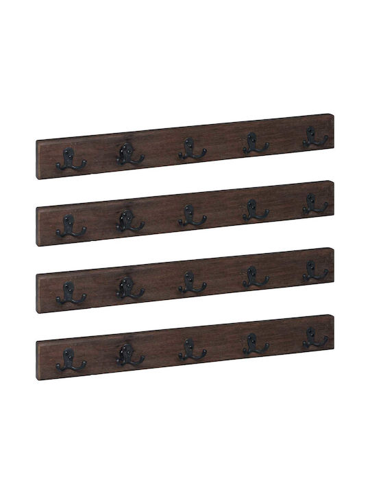 vidaXL Wooden Wall Hanger 10 Hooks Brown 60x8x7cm 4 Pieces