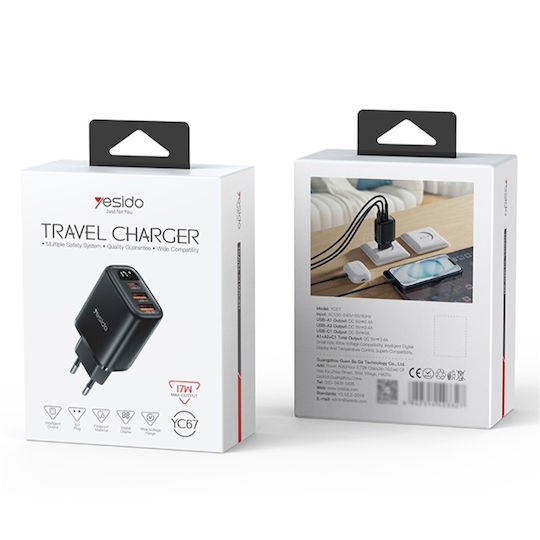Yesido Incarcator Fara Cablu cu 2 Porturi USB-A si Port USB-C 17W Negru