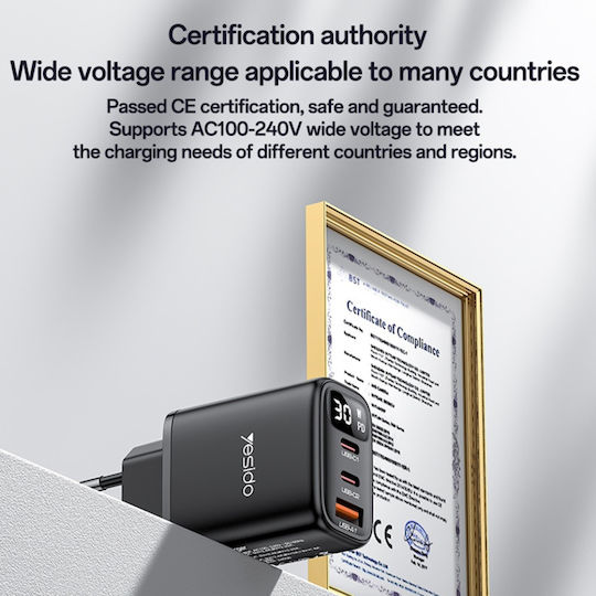 Yesido Încărcător cu Cablu USB-C Integrat 30W Power Delivery Negru