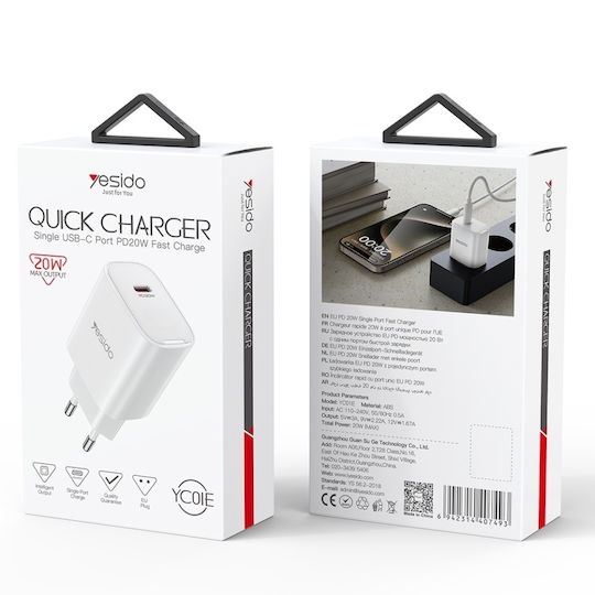 Yesido Incarcator Fără Cablu cu Port USB-C 20W Power Delivery Alb