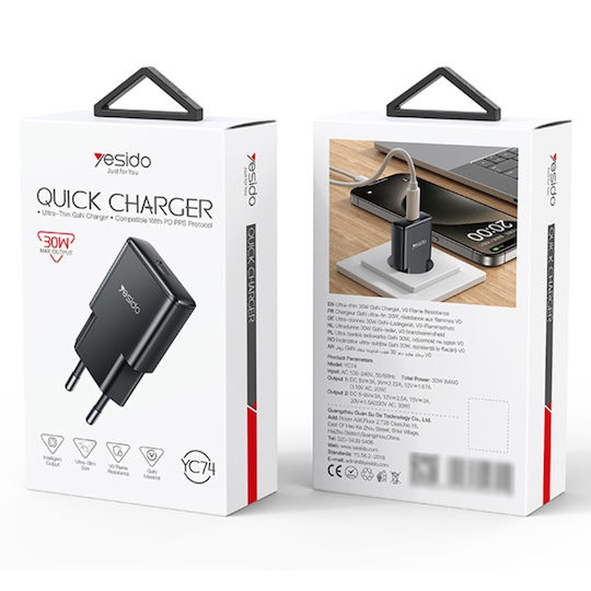 Yesido Incarcator Fara Cablu GaN cu Port USB-C 30W Power Delivery Negru