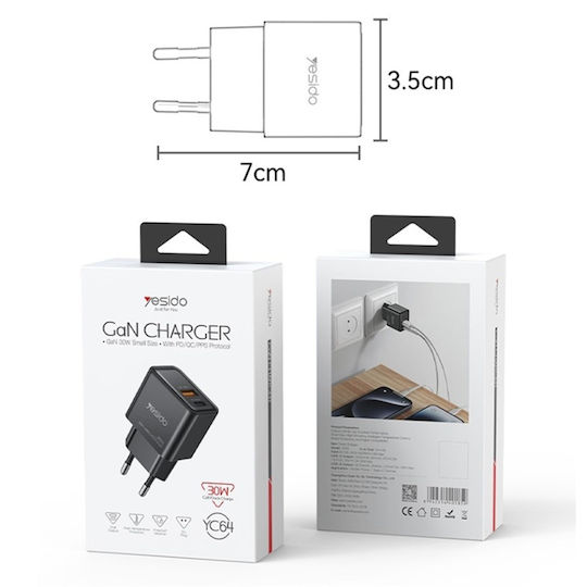 Yesido Incarcator Fara Cablu GaN cu Port USB-A si Port USB-C 30W Power Delivery Negru