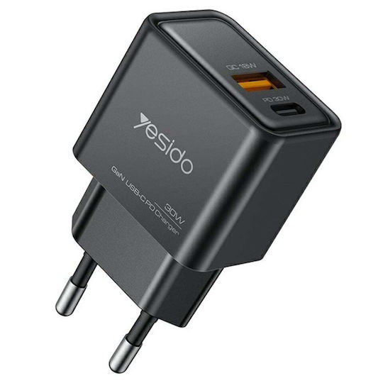 Yesido Incarcator Fara Cablu GaN cu Port USB-A si Port USB-C 30W Power Delivery Negru
