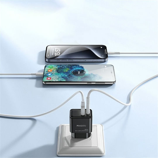 Yesido Incarcator Fara Cablu GaN cu Port USB-A si Port USB-C 30W Power Delivery Negru