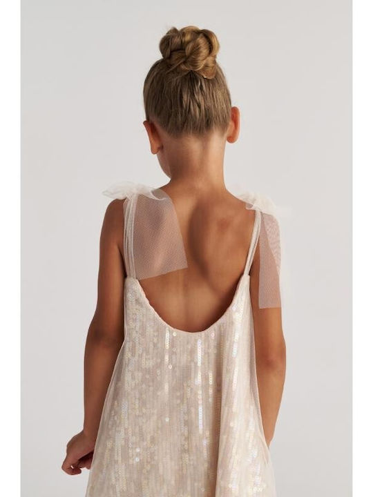 Girls Sleeveless Dress with Sequins Ecru