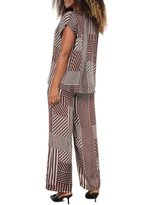 Women's Satin Striped Brown Blouse