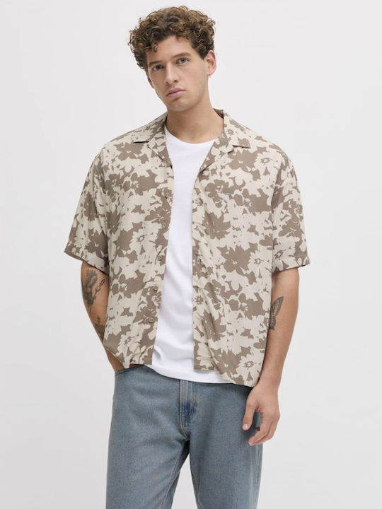Short Sleeve Shirt in Wide Line Floral Beige 12290012 Moonbeam