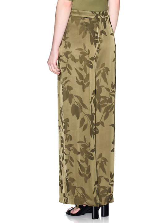 Women's High Rise Satin Pantaloons in Straight Leg Style Floral Khaki