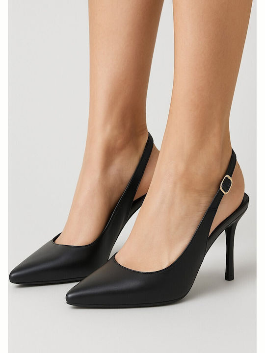Pointed Toe Heels with Strap & Thin Mid Heel Black