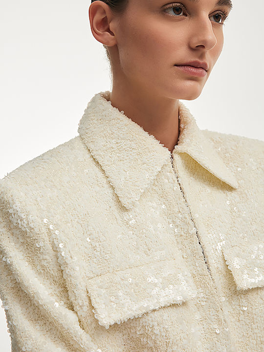 Nadia Rapti Short Women's Tweed Blazer White with Sequins