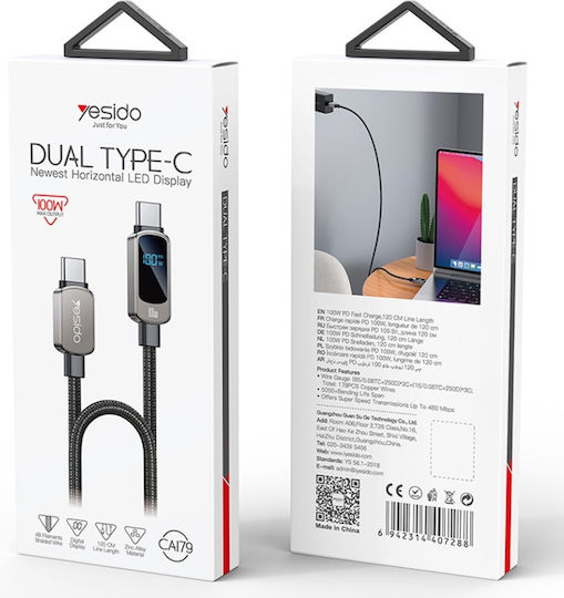 Datenkabel Type-C Zu Type-C 100w Digitalanzeige 1,2m Yesido Schwarzes