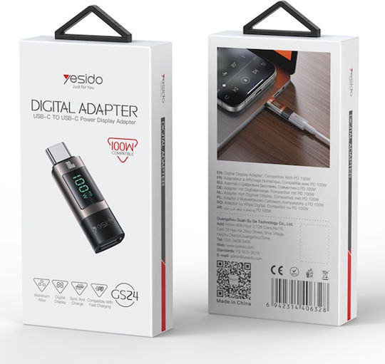 Otg Adaptor Type-c To Type-c 100w Digital Display Aluminum Alloy Yesido Gray