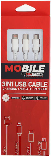 Einparts 3-in-1 12m 3a Kabel USB Typ-C Micro-USB Blitzschlag Stahlanschlüsse