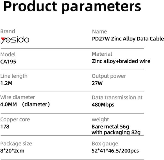Datenkabel Typ-C Zu Blitzkabel Pd 27w Schnelles Laden 1.2m Nylon Yesido Schwarzes