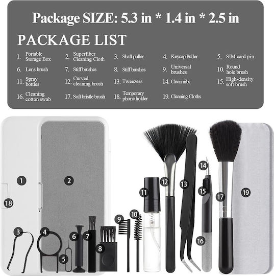 Kit Multifuncțional 18 În 1 Curățare Produse Electronice Husă De Depozitare Zola 12,5x5x2,5 Cm Negru Gri
