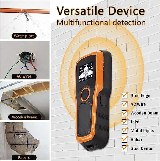 Detector Multifuncțional Instalații Electrice Componente Metalice Grinzi de Lemn Cavități Zola Ecran Lcd Semnalizare Sonoră Sensibilitate Maximă 80 Mm 7.5x3x18 Cm Portocaliu