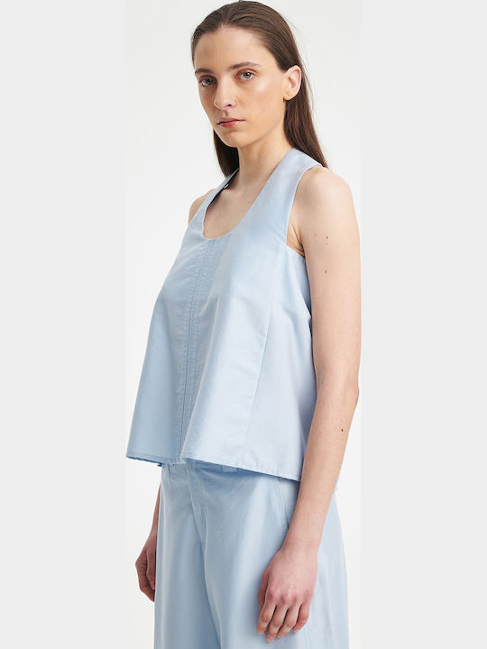Damen Bluse Ärmellos mit Halsschleife Hellblau