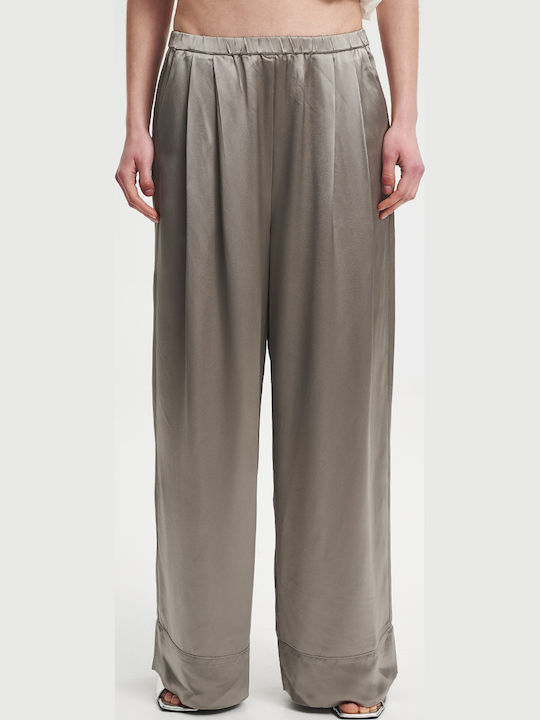 Eleh Women's Satin Trousers with Rubber Band Silver Eleh Women's Satin Trousers with Rubber Band Silver