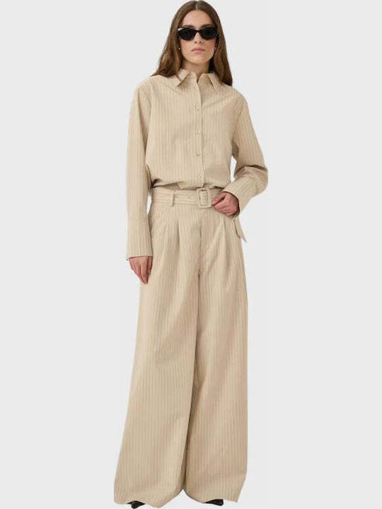 Women's Fabric Trousers in Wide Leg Style Striped Brown