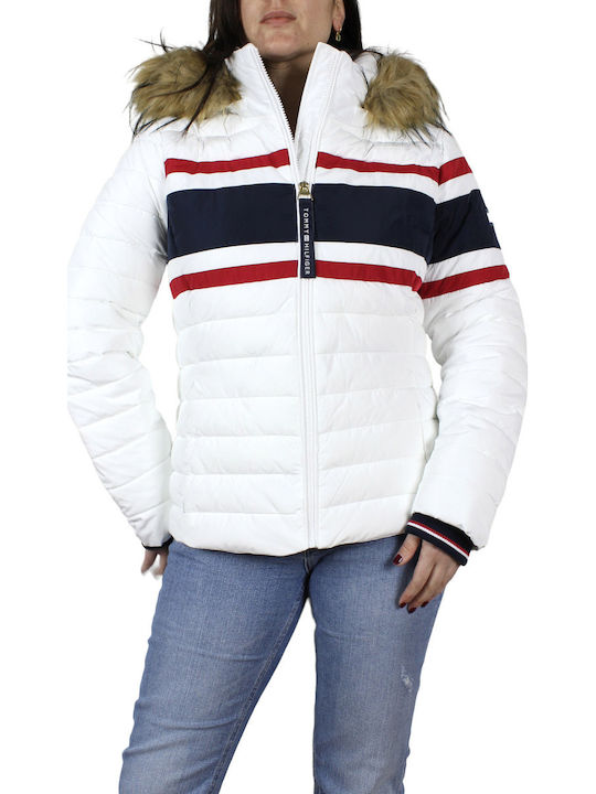 Women's Short Puffer Jacket for Winter with Hood White