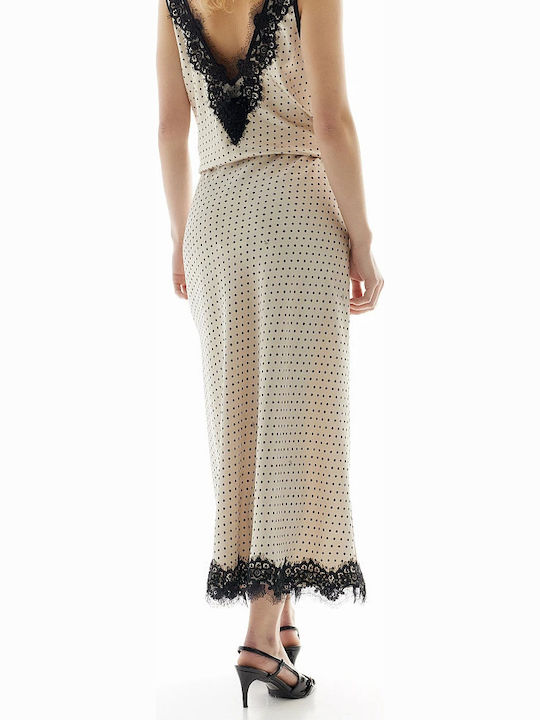 Satin High Waist Midi Skirt Polka Dot Vanilla