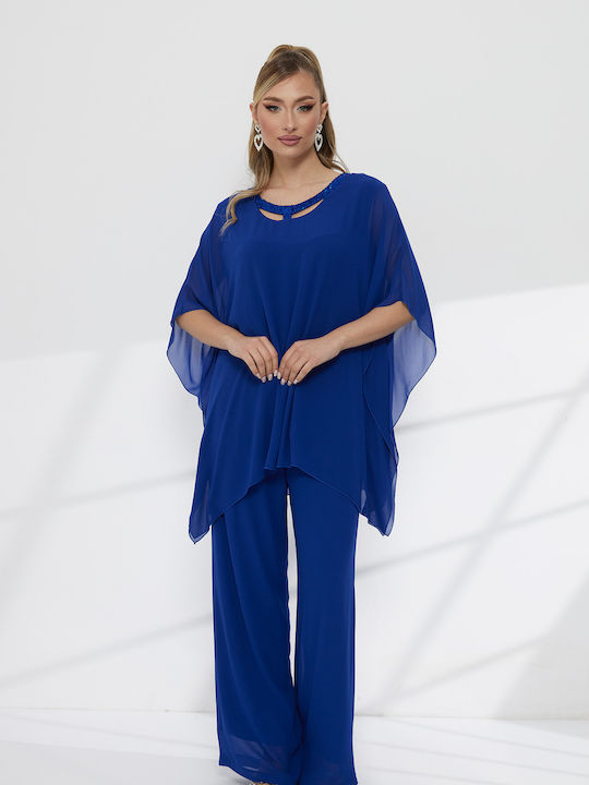 Women's Blue Set with Trousers with Rubber Band in Loose Fit