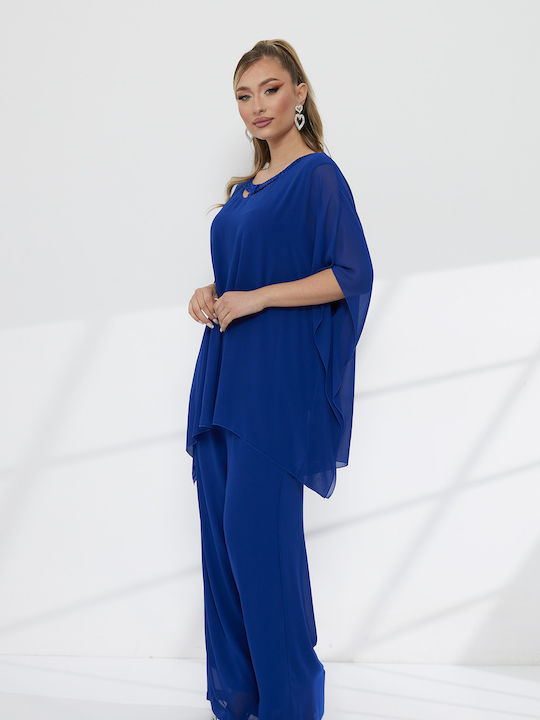 Women's Blue Set with Trousers with Rubber Band in Loose Fit