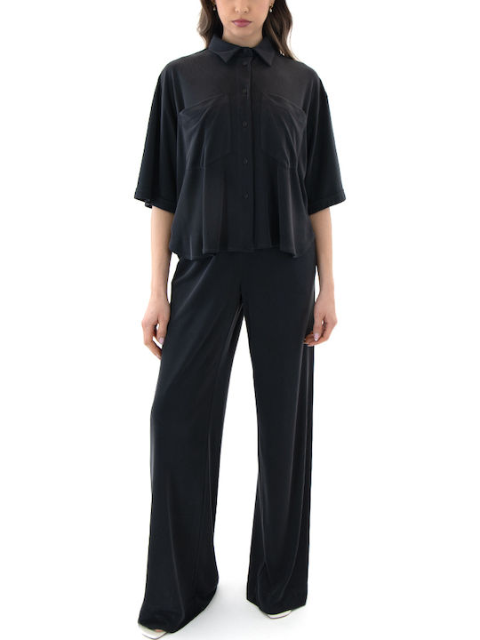 Damen Hochbund Pantaloona mit Gummiband in Gerader Bein Stil Schwarz